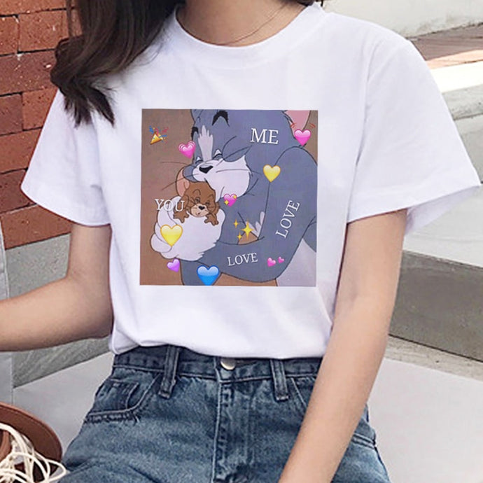 Summer new ulzzang Harajuku fun kawaii TOM cat and jerry mouse print T-shirt ins fashion loose head O-neck casual female T-shirt