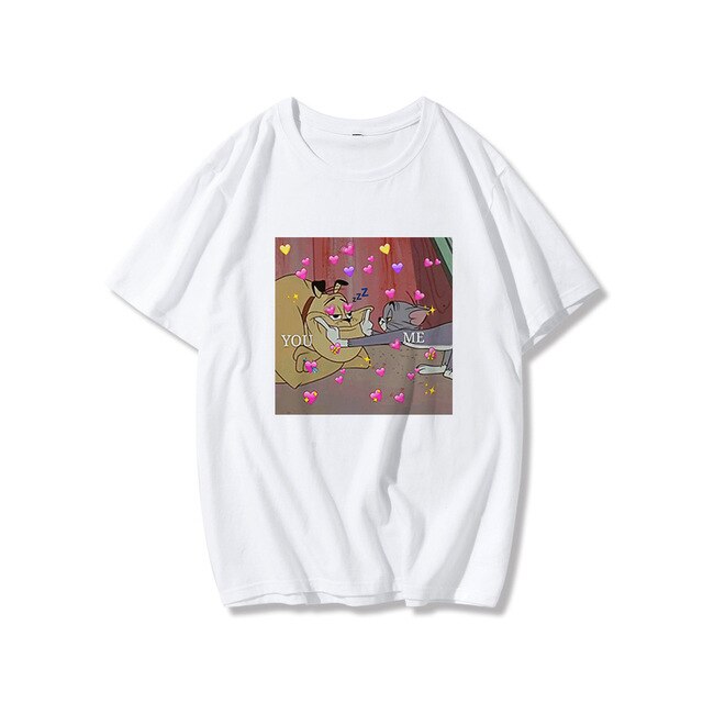 Summer new ulzzang Harajuku fun kawaii TOM cat and jerry mouse print T-shirt ins fashion loose head O-neck casual female T-shirt